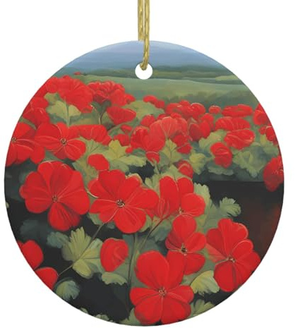 WHJSSF Rote Geranie Topfpflanze Druck Weihnachten Keramik Dekoration Kreis Innendekoration Geschenk -7,4 cm