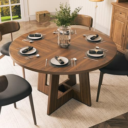 YOUDENOVA Round Dining Table Wooden Kitchen Table for 4–6 People, Circle Dining Room Tables 120cm for Living Room, Rustic Brown (Only Table)