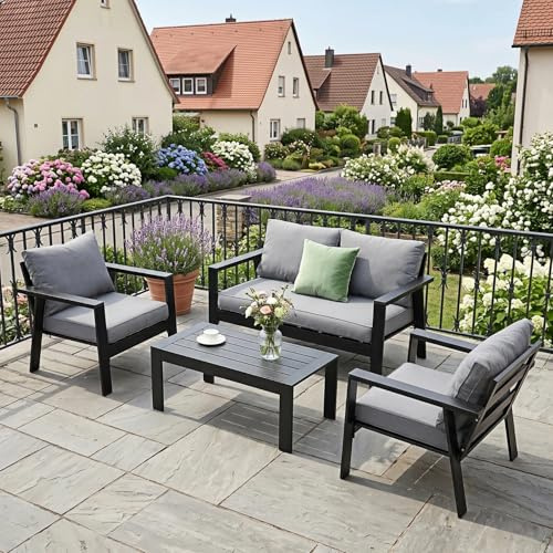 Atenza Gartenmöbel Set, Aluminium Balkonmöbel Set, 2-Sitzer Sofa, 2 x Sessel, 1 x Couchtisch, Kissen & Sitzkissen, Wetterfest Terrassenmöbel Set für Garten Balkon Terrasse (Schwarz)