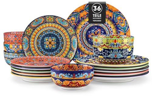 Juego de Vajilla para 12 Personas Cerámica, vancasso KRVI 36 Piezas Vajilla Moderna de Porcelana, Servicio de Mesa Estilo Bohémio, Juego de Platos y Cuencos, Servicio Combinado de Colores