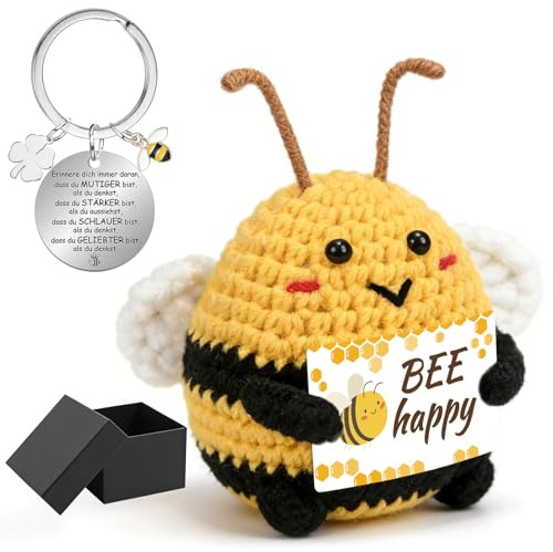 KOOOGEAR Pocket Hug Biene - Handgestrickt Glücksbringer Geschenk, Emotional Support für Freunde Familie, Geburtstagsgeschenk (Happy)