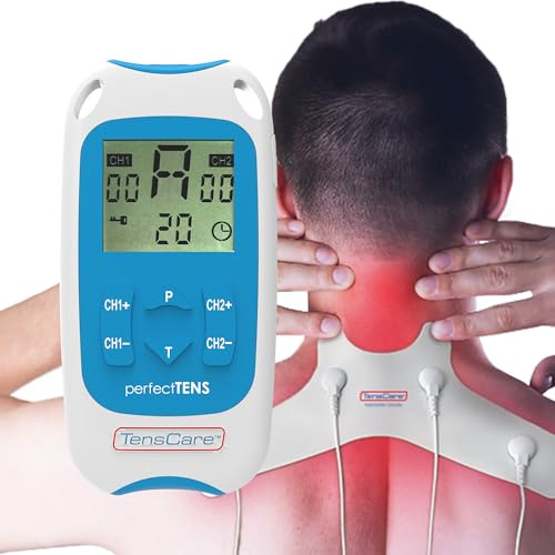 TensCare Perfect TENS + Parches para el Dolor de Cuello – Kit Completo de Terapia del Dolor con Dispositivo TENS de 2 Canales y Electrodos Específicos de Alta Adhesión