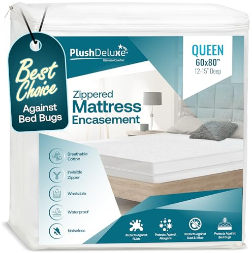 PlushDeluxe Premium 100% Waterproof Mattress Encasement, Breathable Soft Cotton Terry Surface (12-15 Deep, Queen 60X80)