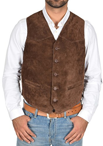 A1 Fashion Varor äkta mockaväst för män klassisk stil mjuk brun mocka läderväst väst väst – Cole (X-Large), Brun, XL