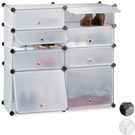 Relaxdays Schuhregal Kunststoff, HBT 91x94,5x36,5cm, transparent | Regalsystem 8 Fächer, Steckregal mit Türen, für 16 Paar