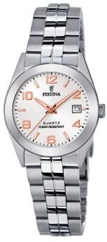 Festina Damenuhr Analog aus Edelstahl 316l Silberfarben | Quarzwerk, Widerstandsfähiges Mineralglas, Wasserdicht 10 ATM, Kalender F20438/4