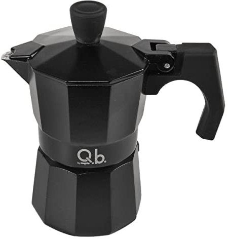 MOPITA Black Code von Q.b. by, Kaffeemaschine 1 Tasse aus Aluminium, Griff und Knauf, Soft Touch, Guranition aus Silikon, für alle Herdarten, keine Induktion, Farbe Schwarz