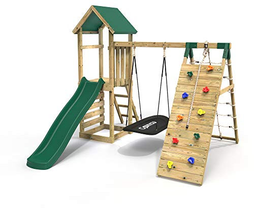 Rebo® Children's Challenge Wooden Climbing Frame with Swings, Slide and Up and Over Climbing Wall - Ferris | OutdoorToys | Sturdy Wooden Construction, Pressure Treated Timber