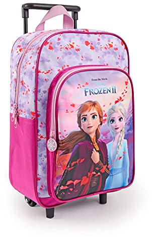 PERLETTI Mochila con Ruedas Disney Frozen 2, Rosa Lila - Bolsa Escolar Niñas Princesas Ana Elsa con Bolsillo Frontal - Trolley Niños para Guardería Viajes Tiempo Libre - 36x25x12 cm