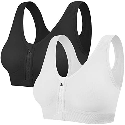 Tuopuda Sujetador Deportivo con Cremallera para Mujer De Entrenamiento De Alto Impacto Mujer Cierre Delantero Sujetador Deportivo Post Operatorio con Soporte de Espalda (M, Negro + Blanco)