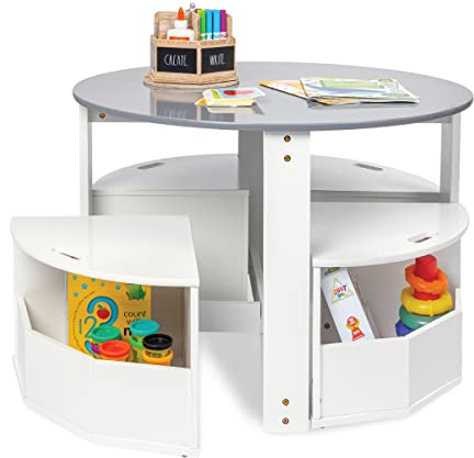 Milliard Toddler Table and Chair Set – Round Kids Activity Table With 4 Storage Stools, Nesting Design for Toddlers, Kids Play Table with Storage - Space-Saving Playroom Kids Furniture - (White)