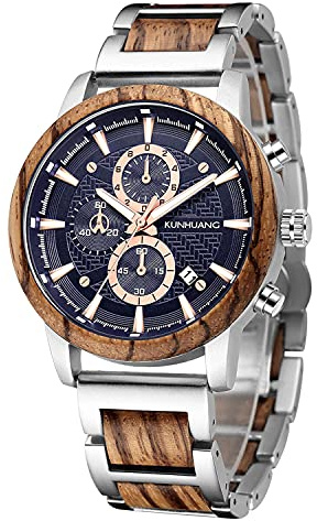 IK COLOURING Men's Wooden Watches, Multifuctional Quartz Chronograph & Date Display Watch for Men Handmade Wood Wrist Watch Luminous Stylish Casual Lightweight Wood & Stainless Steel Male Watch