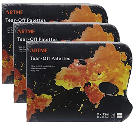 ARTME Avrivningspalett 3-pack – 36 ark/pappershanteringspalett 23 x 30,5 cm/50 gsm vaxbelagt papper med tumhål/enkel att använda/akryl, oljemålning och akvarellfärger