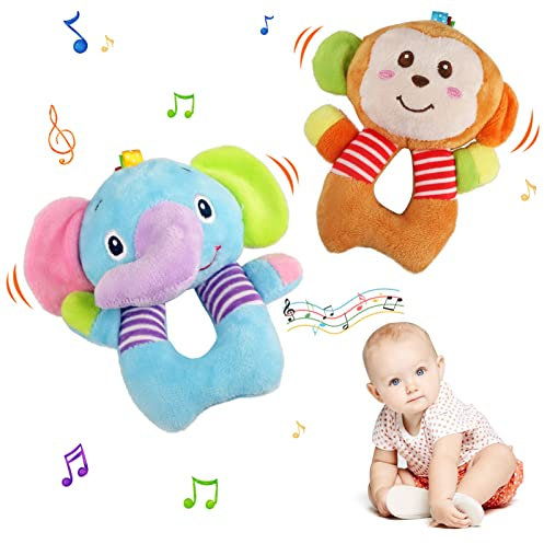 JoyPlus Sonajeros Bebe 0 6 Meses,2 Piezas Sonajero de Juguete Muñeca de Peluche, Sonajeros y Mordedores Bebe,Juguetes de Peluche de Animales Suaves para Bebé 0-12 Meses,Regalos Originales para Bebe