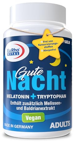 EuRho® Vital Gute Nacht Melatonin Kapseln | mit natürlichem Melatonin, Tryptophan, Melissen- und Baldrianwurzelextrakt, 60 vegane Kapseln, laborgeprüft in Deutschland