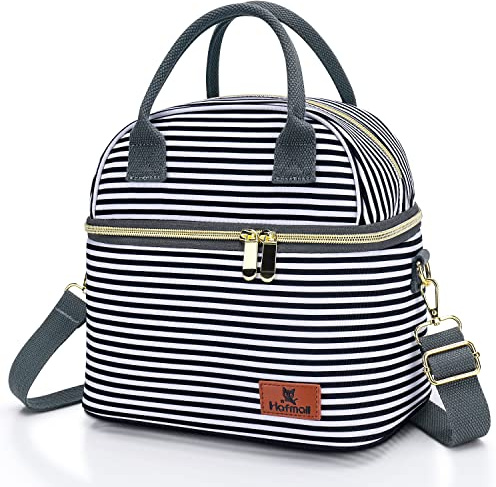 Hafmall Insulated Lunch Bag for Women Men, 9L Dual Compartment Lunch Cool Bag for Work School, Adult Lunch Bag with Shoulder Straps, Stripe | Dual Compartment Cool Bag with Shoulder Straps, Ideal for Work and School