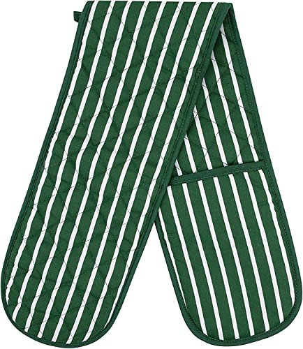Double Oven Gloves Butcher Quilted Stripe Heat Resistant Oven Mitts Pot Holder Heat Resistant Mitt 100% Cotton For Baking and Cooking Green Oven Glove