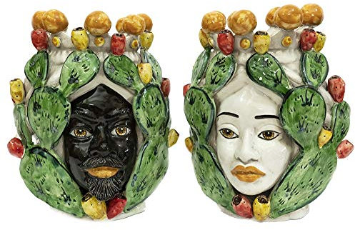 Generico Coppia teste di moro Caltagirone con fichi d'india in ceramica siciliana vasi grande H 30 cm