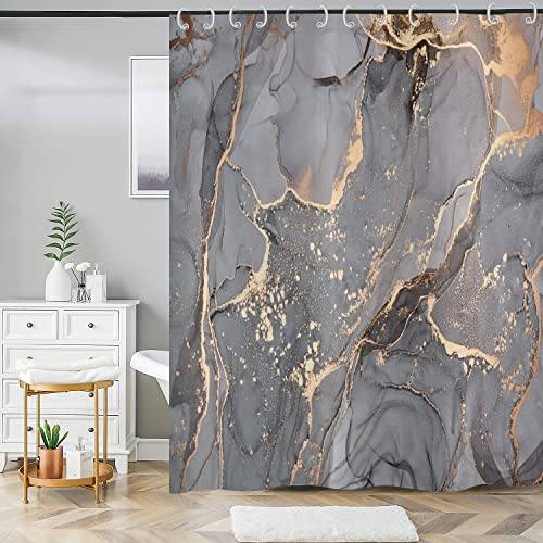 ASDCXZ duschdraperi grått guld marmor 180 x 220 cm, modern abstrakt grå guld svart marmor utseende textur tvättbar badrum duschdraperier polyester textil vattentätt duschdraperi för badkar med 12