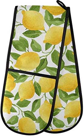 Double Oven Glove Yellow Lemon Heat Resistant Double Ovens Mitt Modern Cooking Gloves Potholders