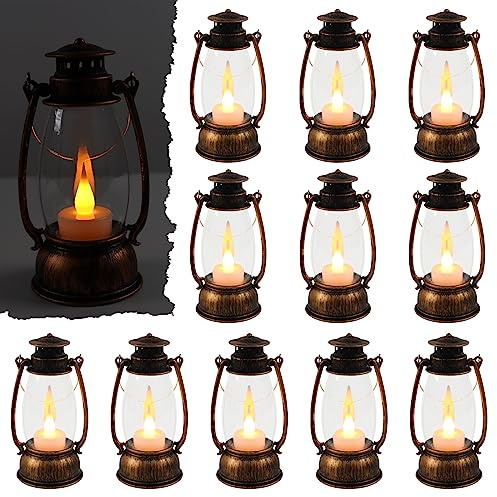 Reperla 12Pcs Mini Lantern Decorative with Flickering LED Candle, 6Inch Small Western Lantern for Table Centerpiece, Vintage Hanging Candle Holders for Western Halloween Camping Party Decor (Brown)