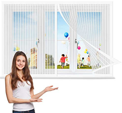 Fliegennetz Fenster Magnet 140 x 180 cm, Insektenschutz mit Starkem Klettband, vollmagnetisch, schließt automatisch für Alle Arten von Fenstern, Weiß