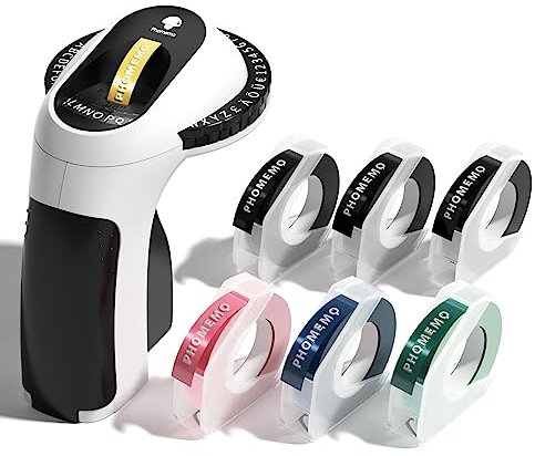 Phomemo Etikettiergerät, 3D Prägegerät E975, Tragbarer Beschriftungsgerät, Schwarz Etikettenprägegerät mit 6 Etikettenband, Ergonomisches Design, für Haus