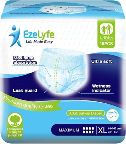 EzeLyfe Premium Adult Incontinence Pants Pull Up Diaper for Men and Women, Maximum Absorption, Ultra Soft, Anti-Leak Security, Breathable (XL (Pack of 10))