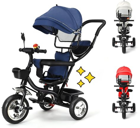 4 in 1 Kinderdreirad Tricycle für Kinder ab 12 Monate bis 5 Jahren mit Abnehmbarer Sonnendach&Schubstange Dreiräder,Jogger, mit Dachfenster, Sicherheitsgurte, 360 Grad Drehbar, Freilaufrad