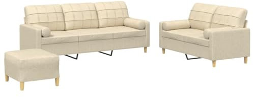 vidaXL Sofagarnitur 3-TLG., Sessel Couch mit Kissen Fußhocker, Sofa Wohnzimmersofa mit Armlehnen, Couchgarnitur Designsofa Sitzmöbel Polstermöbel, Creme Stoff