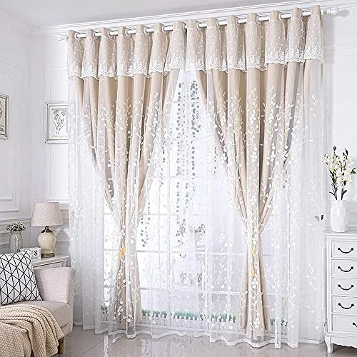 Amidoudou 1 coppia di tende a doppio strato con mantovana per camera da letto per camera da letto per camera da letto e soggiorno con fiori pastorali e foglie ricamate (beige, 167 x 213 cm)