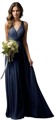 JAEDEN Brautjungfernkleider Lang A-Linie Abendkleid Chiffon Falten Hochzeit Party Kleid V-Ausschnitt Ärmellos Marineblau 38