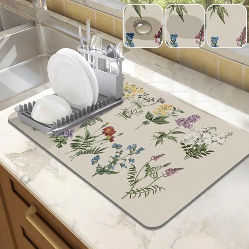 LOKHOM 12x20 Dish Drying Mat,Vintage Sage Flower Herb Coffee Mat