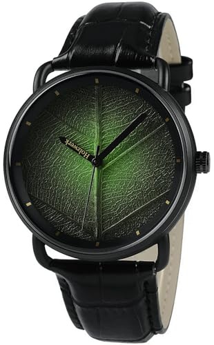Holzwerk Germany® Herren-Uhr Damen-Uhr Unisex Natur Armband-Uhr Analog Quarz-Uhr Schwarz Grün mit Blatt Zifferblatt