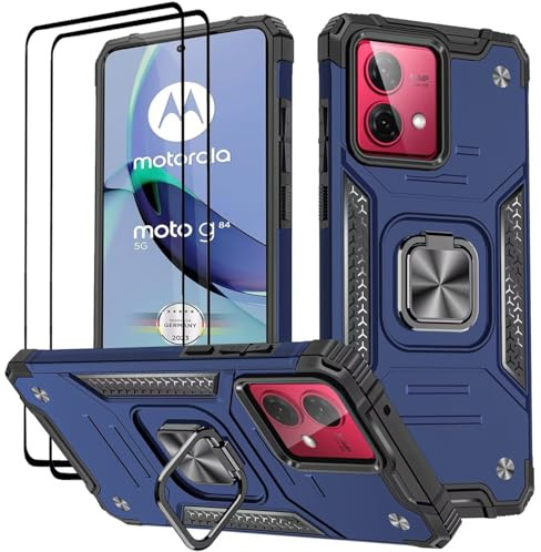 KANSi Funda para Motorola Moto G84 / G84 5G, Cristal Vidrio Templado [2 Piezas] Capa Anillo iman Soporte Hard PC y Silicona TPU Antigolpes Armor Carcasa - Azul