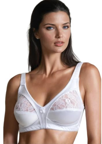 COSHAL® Non-Wired Womens Floral Lace Non-Wired Bra Firm Control Soft Cup Satin Lace Bra - Women’s Non-Wired Full Cup Non-Padded Underwear Bra 40E, White