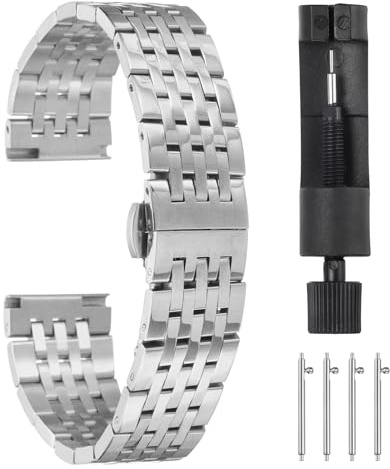 QUARKZMAN 16mm Correas de Reloj de Acero Inoxidable con Cierre de Mariposa de Doble Presión, Reloj Correa Metal Acero Sólido Cadena Repuesto con Extremos Curvados, Tono Plateado