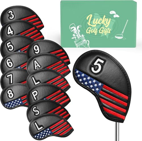 Golf Club Covers Iron Value 12 Pack Stylish Synthetic Leather Headcover, Embroidery Numbers Head Covers Universal Protector Fit Main Iron Wedge Clubs, Accessories Travel for Men Women (USA Flag)