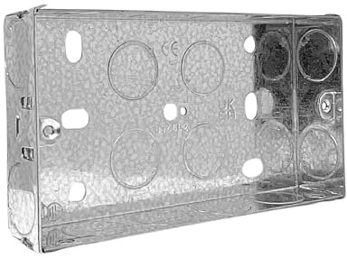 Evoges Double Metal Back Box, 25mm, 2 Gang, 1.0mm Thickness for Electrical Sockets Switches, BS4662 Standard, 20mm Knockouts, Adjustable Lug, Brass Terminal (Pack of 1)