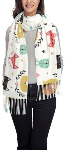 FJQWKLF Bunter, einfacher Damenschal mit süßen Tieren, klassischer Pashmina-Schal mit Quaste, weicher, warmer Schal für Herbst und Winter