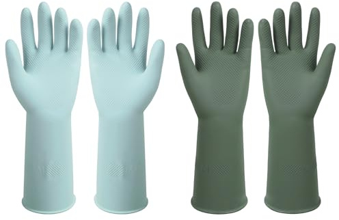 ZUIMER 2 Pairs Reusable Kitchen Rubber Dish Washing Gloves Durable Non Slip (Dark Green & Light Blue, S)