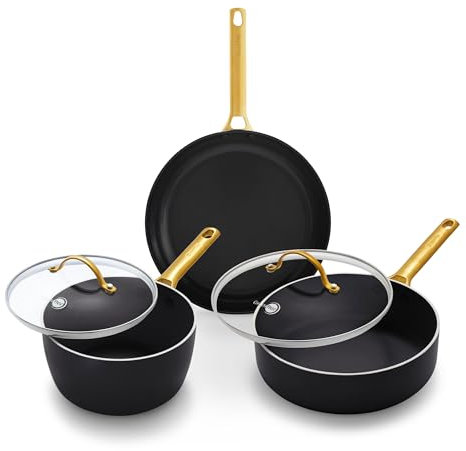 GreenPan 5 Piece Set Cookware Pots and Pans Set, Ceramic Nonstick PFAS-Free, Hard Anodized, Frypan Saucepan Saute Pan with Lids, Gold-Tone Stainless Steel Handles, Dishwasher Safe, Black