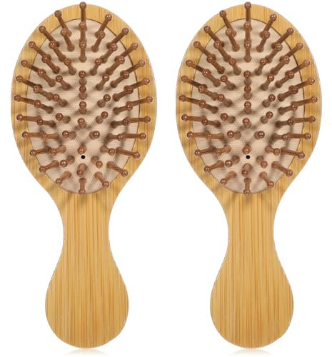 HJZHII 2pcs Wooden Hair Brush, Mini Bamboo Brush Paddle Detangling Hairbrush Portable Scalp Massage Comb Tangle Brush Detangle Massage Add Shine for Thick Thin Curly Dry Hair