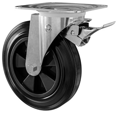 Amig - Rad mit Metallplatte und Bremse | Kern aus Polypropylen und Lauffläche aus schwarzem Gummi | Durchmesser 200 mm x Dicke 50 mm | Tragfähigkeit bis 200 kg | Ideal für Container