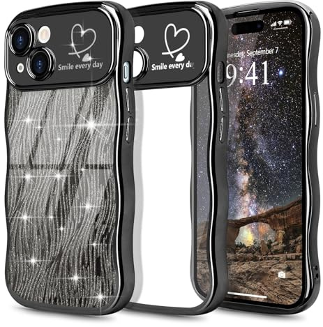 Wirvyuer for iPhone 15 Curly Wave Frame Case, Plated Heart Clear Cover with Removable Glitter Sparkly Card, Raised Camera Anti-scratch Protective Bumper Phone Case for Women Girls, Black