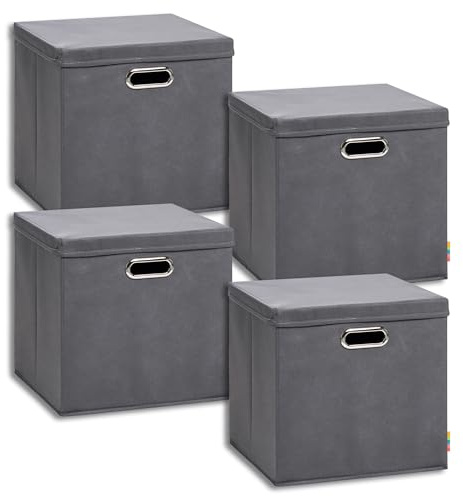 Storanda | 4er Set Aufbewahrungsbox mit Deckel 34x34x33 cm | Breite Griffe auf zwei Seiten | Stabil & Faltbar | Regalbox für Würfelregal | Ideal für Zuhause & Kinderzimmer | Anthrazit