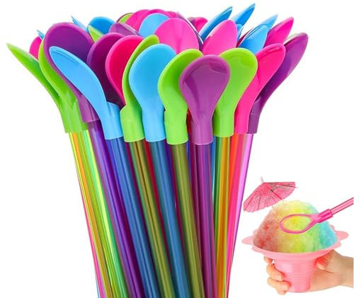 KBCYRT 20pcs Multicolor Plastic Slush Straws with Scoop, 2 in 1 Straws Spoon, Break Resistant, 9.3 inches x 1 inch, for Smoothies Milkshakes Coffee Cocktail