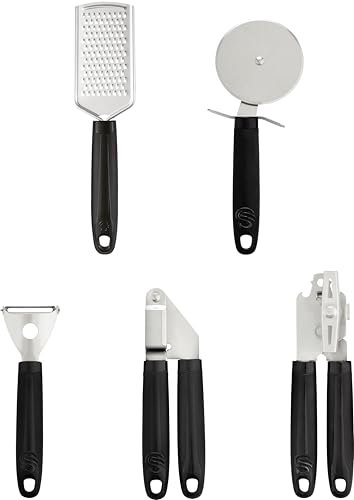 Swan SWKA61012BLKN Stealth 5 Piece Stainless Steel Gadget Set, Pizza Cutter, Y Peeler, Garlic Press, Can Opener, Grater, Soft Touch Handles, Hanging Holes, Black & Stainless Steel