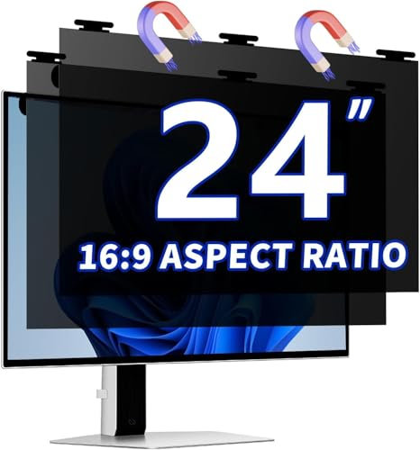 [2 Pack] 24 Inch Magnetic Hanging Computer Privacy Screen for 16:9 Widescreen Monitor, Eye Protection Anti Glare Blue Light Filter, Removable Reusable 24in Anti Spy Security Protector Film