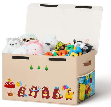 ADEHMDA Aufbewahrungsbox Kinder, Faltbare Spielzeugkiste mit Deckel, Spielzeugbox Spielkiste für Kinder, Mädchen und Jungen, Kinderzimmer und Wohnzimmer, 66 * 33 * 40cm (Khaki - Bär)